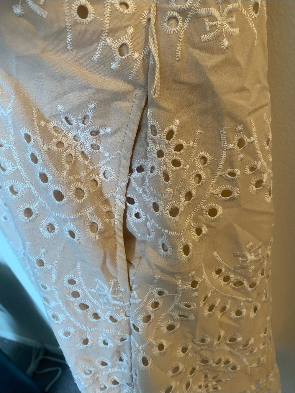 Sam Edelman Beige Belted Eyelet Shirt Dress with Puff Sleeves